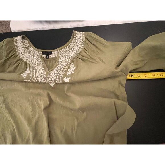 Talbots Olive Green Embroidered Peasant Blouse Size M Cotton 3/4 Sleeve Boho - Picture 6 of 8